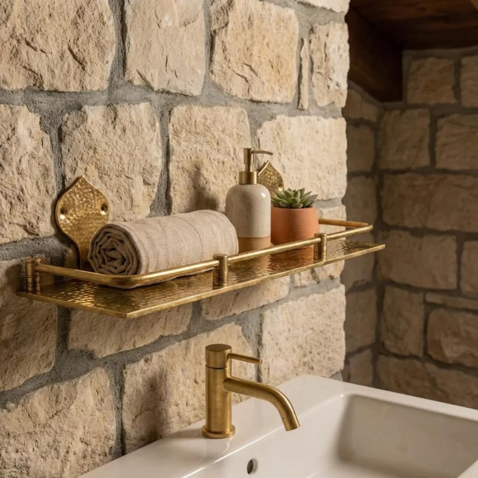 Engraved Brass Bathroom Shelf: Moroccan Handmade Wall Decor, 15 inch