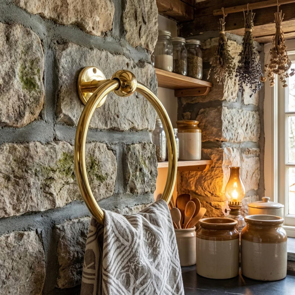 Handmade Hammered Unlacquered Brass Bathroom Set, Towel Ring