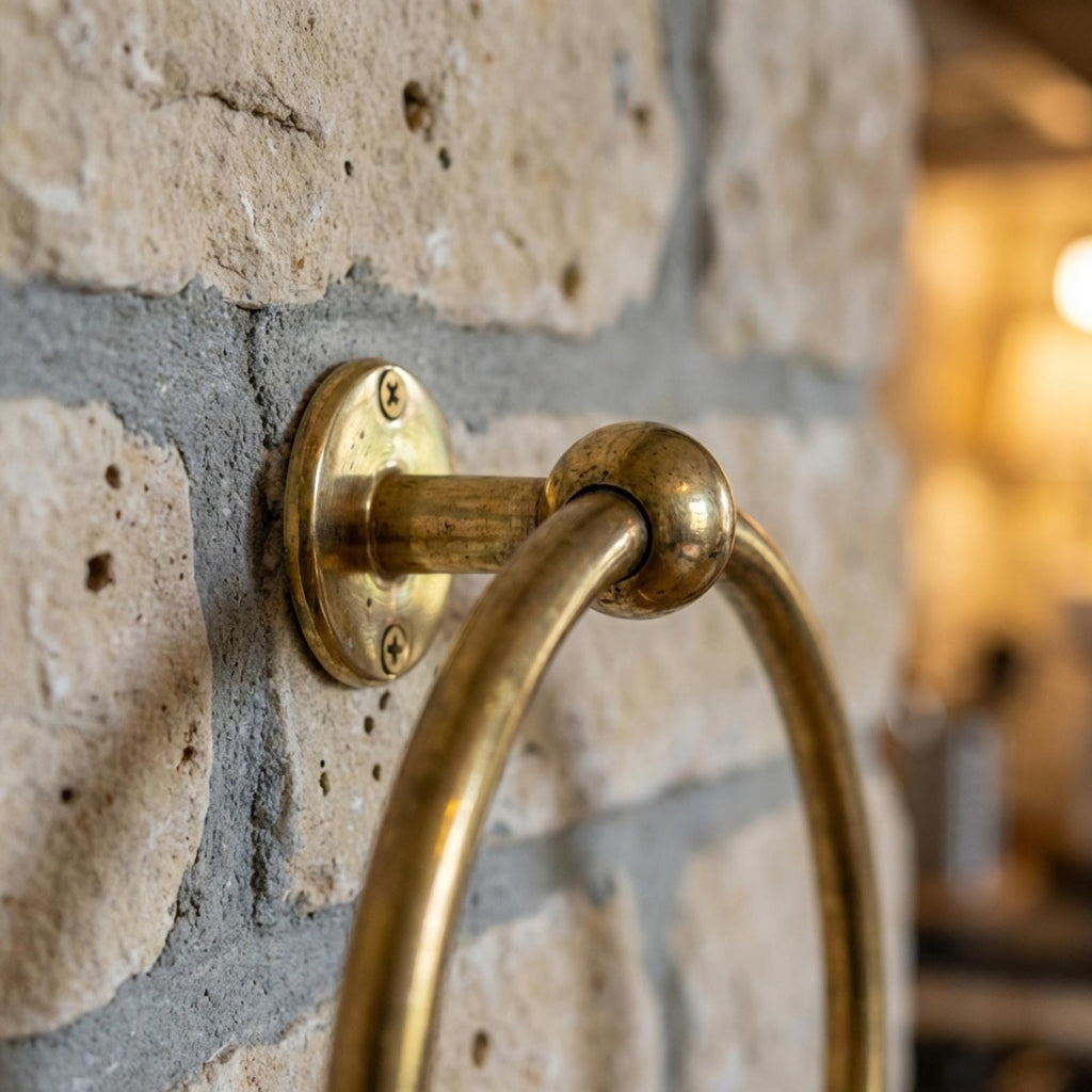 Handmade Hammered Unlacquered Brass Bathroom Set, Towel Ring