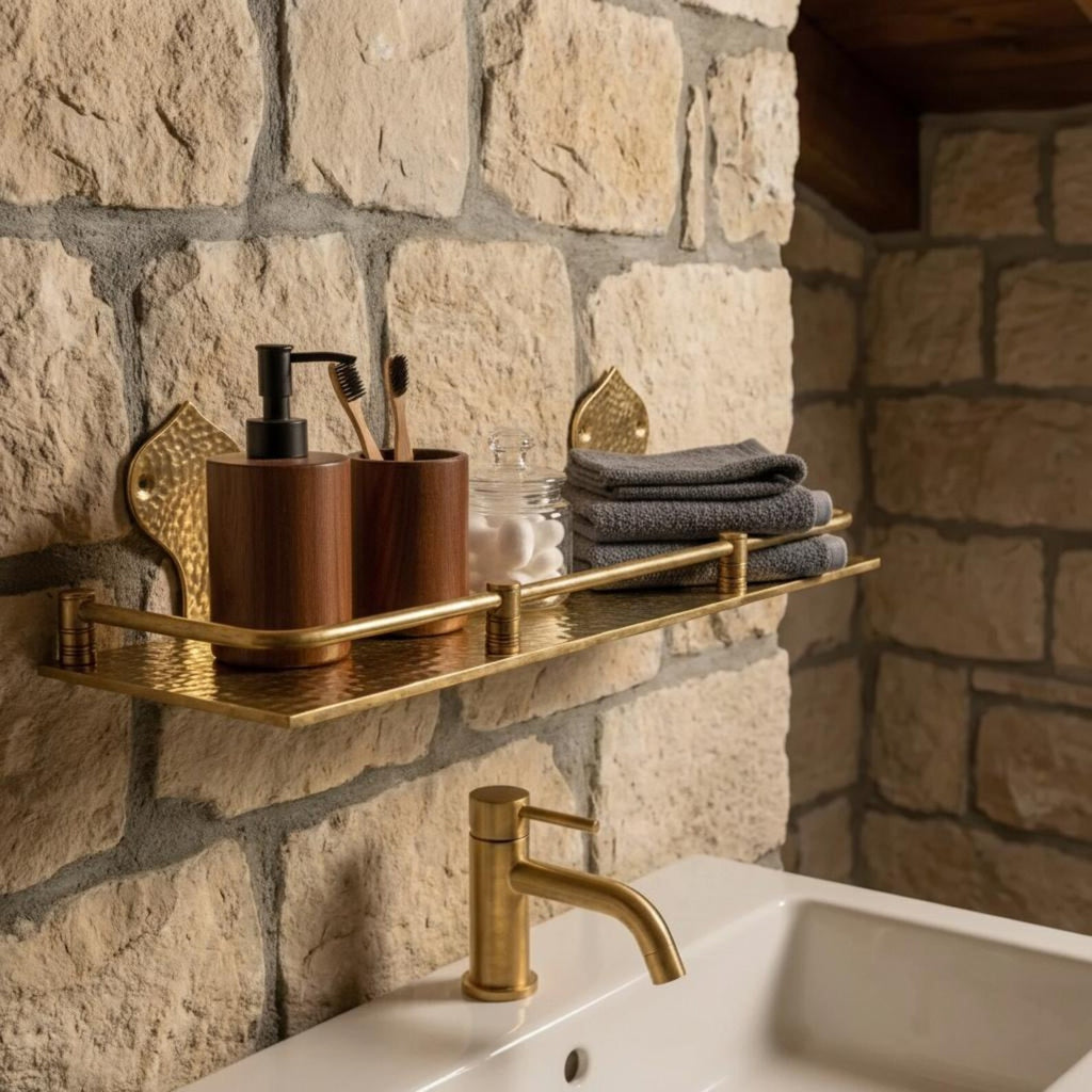 Engraved Brass Bathroom Shelf: Moroccan Handmade Wall Decor, 15 inch