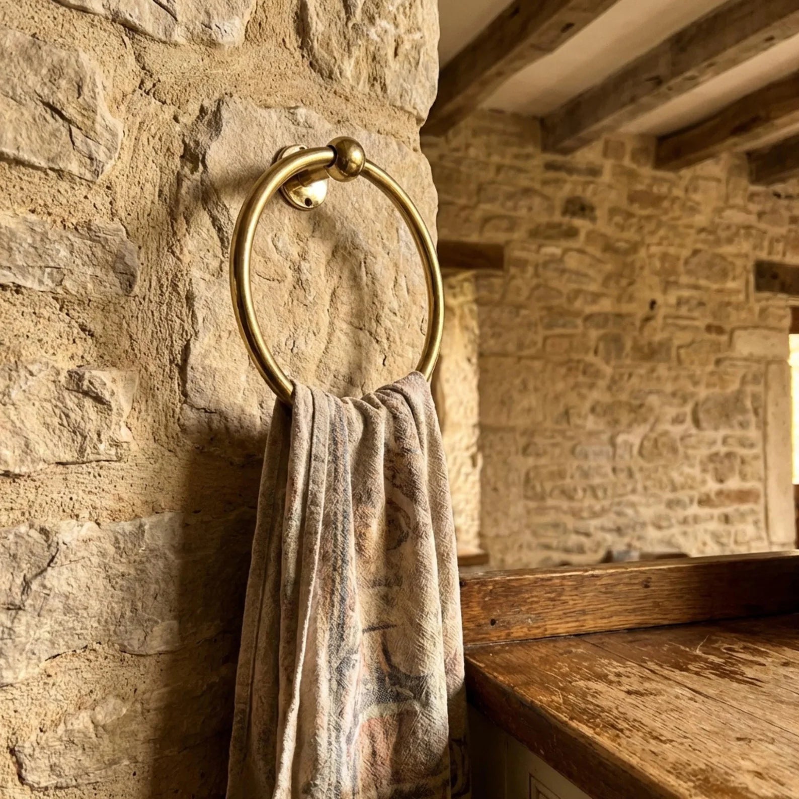 Handmade Hammered Unlacquered Brass Bathroom Set, Towel Ring