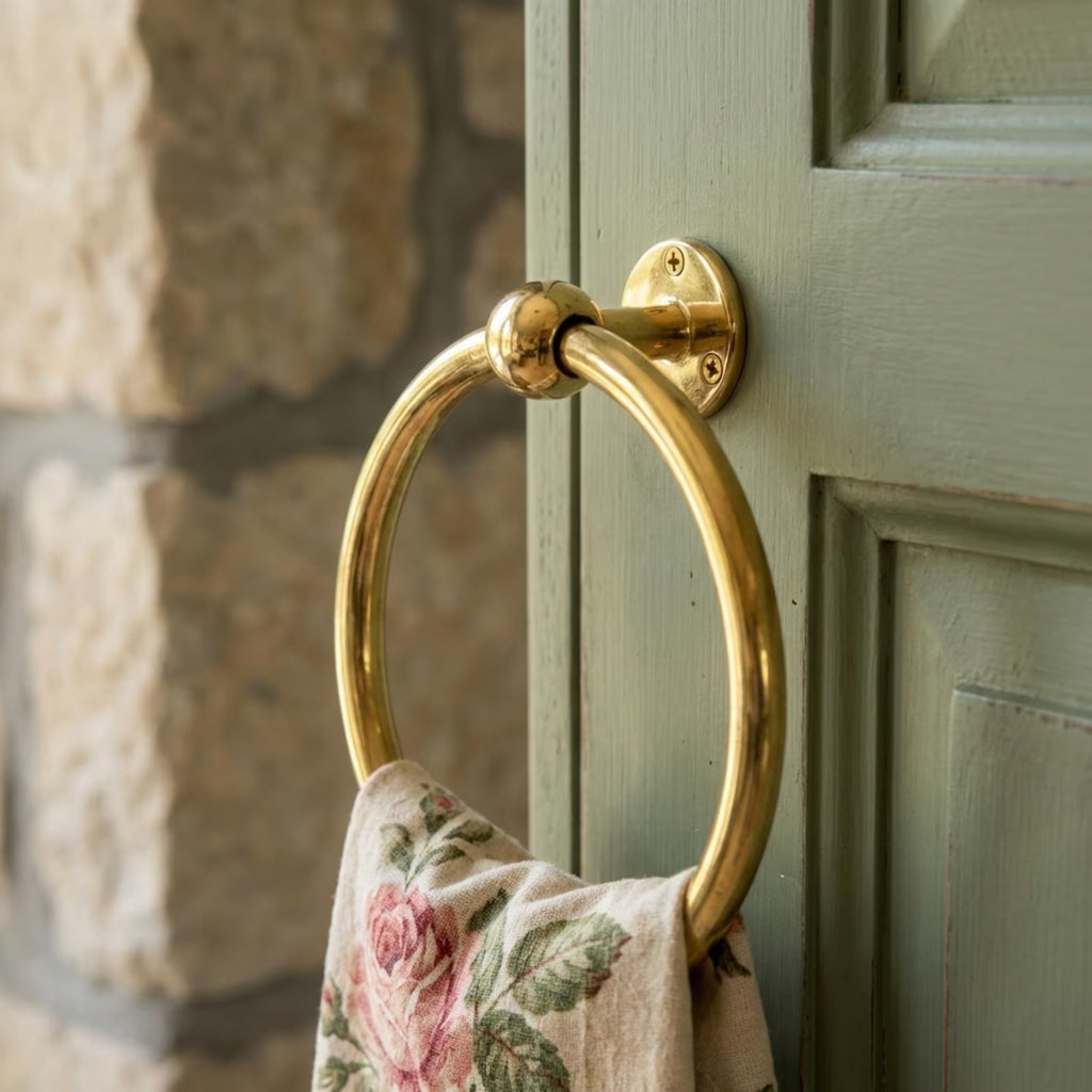 Handmade Hammered Unlacquered Brass Bathroom Set, Towel Ring