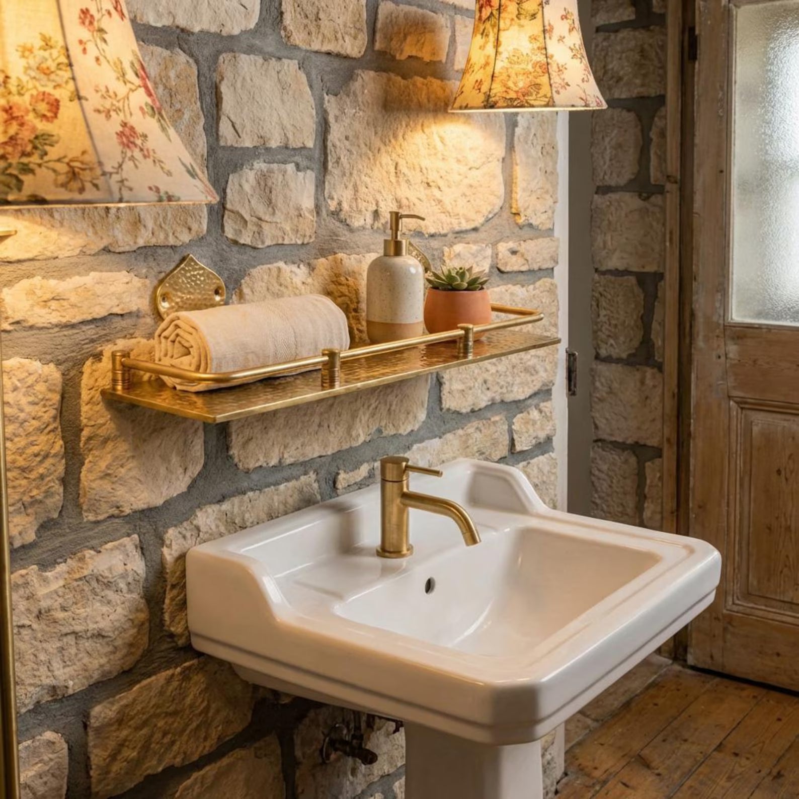 Engraved Brass Bathroom Shelf: Moroccan Handmade Wall Decor, 15 inch