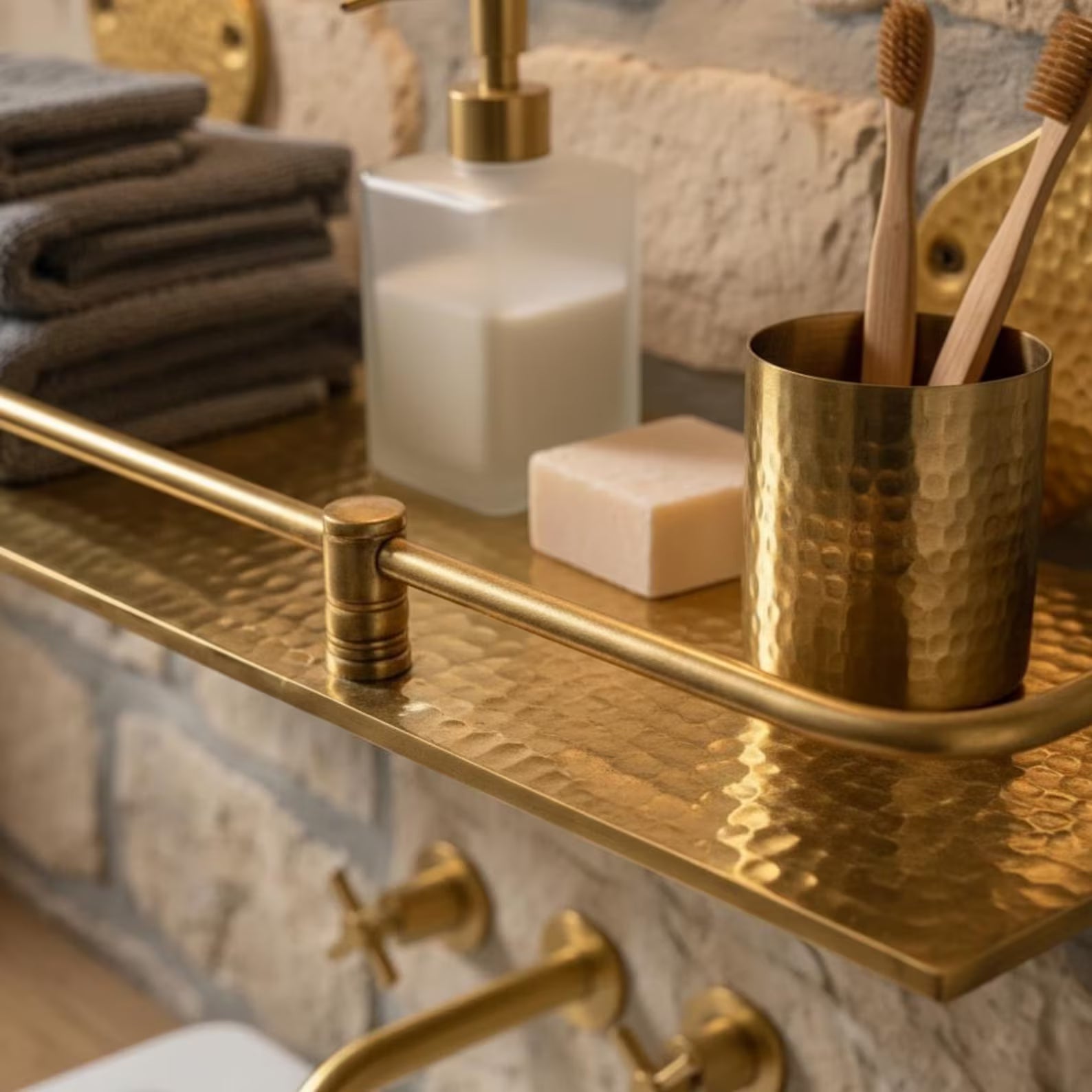 Engraved Brass Bathroom Shelf: Moroccan Handmade Wall Decor, 15 inch