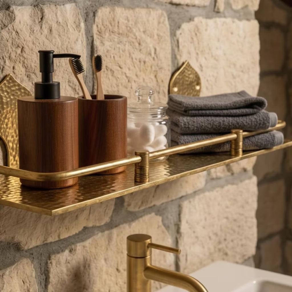 Engraved Brass Bathroom Shelf: Moroccan Handmade Wall Decor, 15 inch